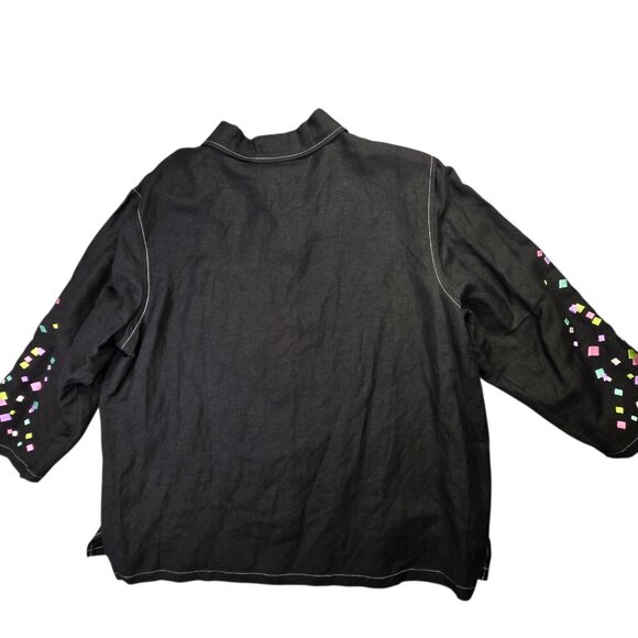 Bob Mackie Wearable Art Shirt Womens Large Black Linen Confetti Top Embroidered - Picture 6 of 12